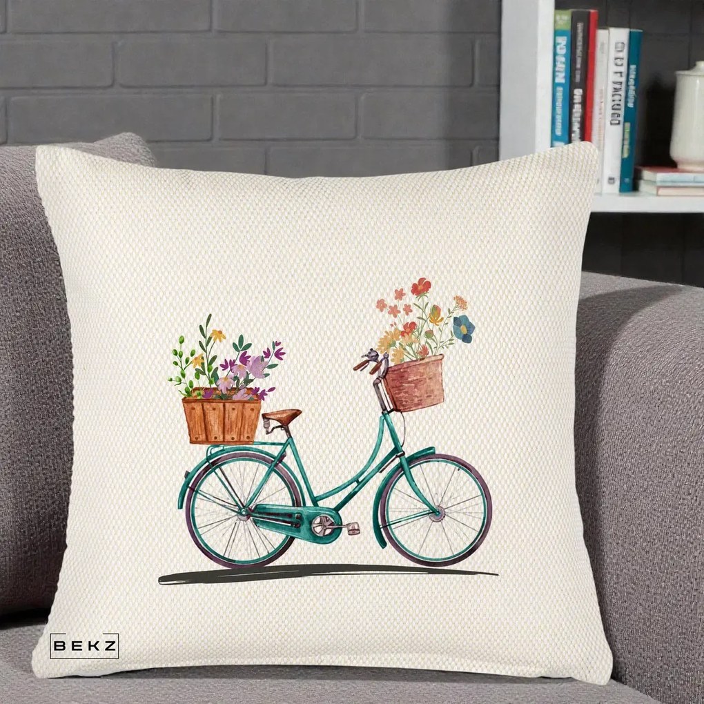 Perna Decorativa Bicicleta Florala Turcoaz Acuarela, 40x40 cm, Crem Reliefat, Husa Detasabila, Perna Inclusa, BEKZ®