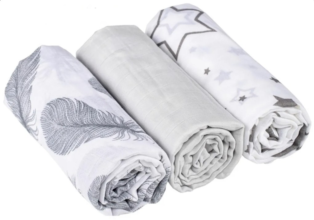 Baby Nellys Scutece de muselina 3ks Lux - pene, stele, 70 x 80 cm, gri/alb