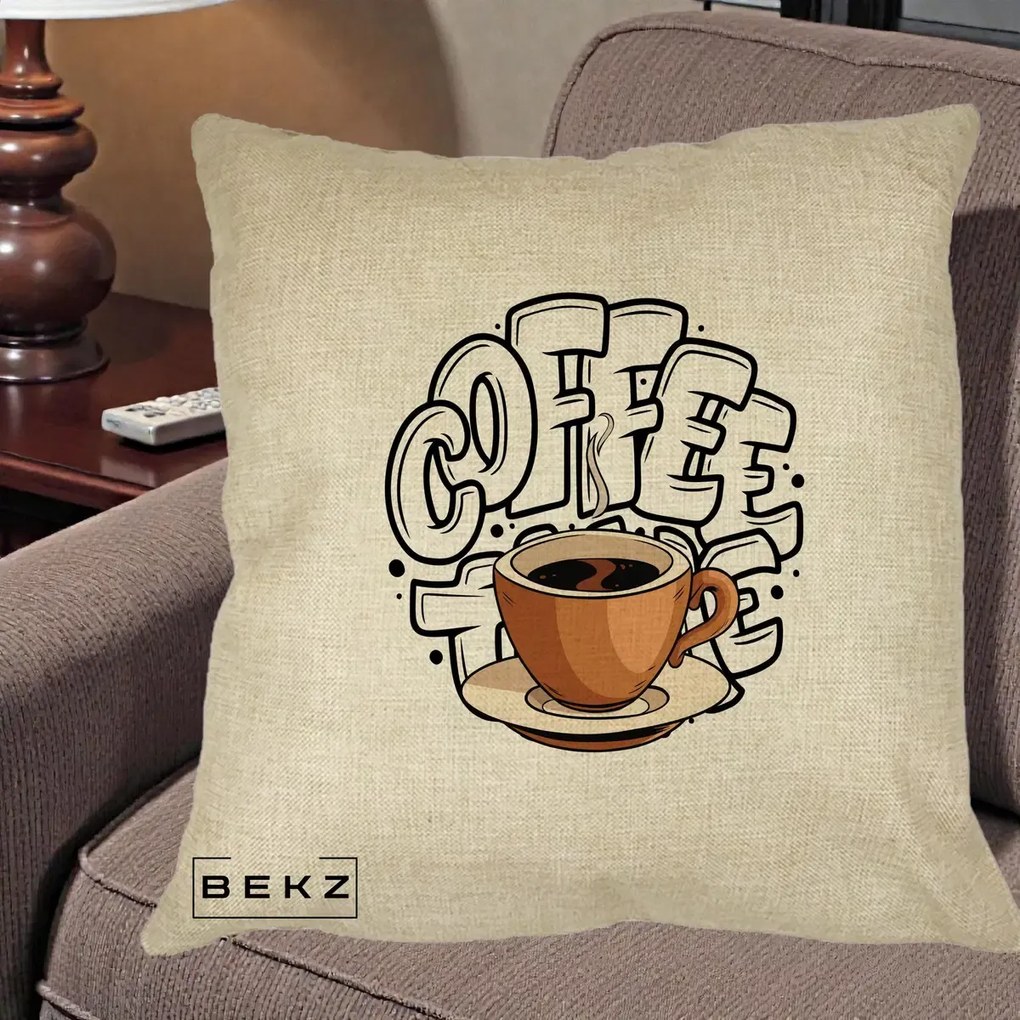 Perna Personalizata COFFEE cu Cana, 40x40 cm, Crem, Husa Detasabila, Perna Inclusa, BEKZ®