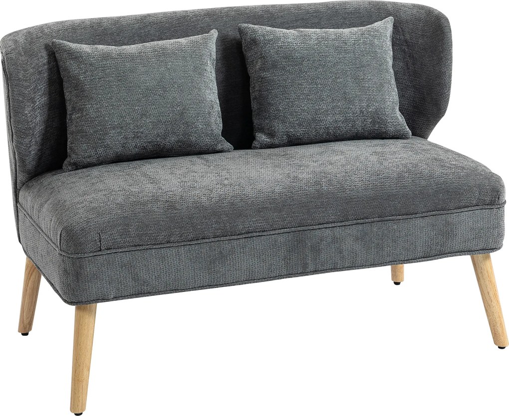 HOMCOM Canapea 2 locuri, mini canapea din Chenille cu spătar în formă de aripă, șezut gros, picioare din lemn de cauciuc, gri | Aosom Romania