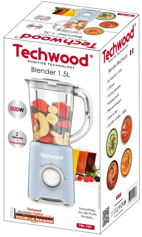 Blender Techwood TBL-784, 500W, 1.5 l, 2 viteze + impuls, Lame din otel, Albastru deschis