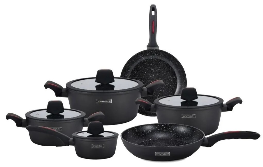 Set oale si tigai cu capace, marmorate, 10 piese Royalty Line RL-T10 negru, antiaderente