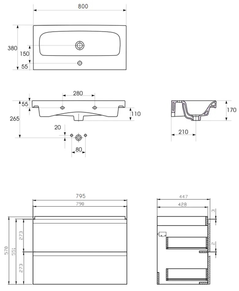 Set dulap baie suspendat alb 2 sertare lavoar inclus, 80 cm, Cersanit Moduo Alb, 800x450 mm