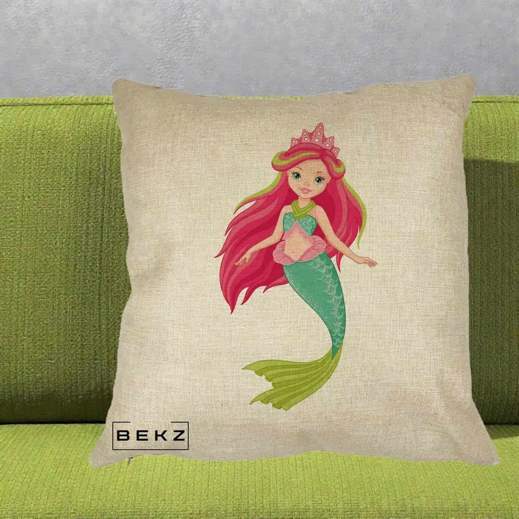 Perna Decorativa Sirena Roz cu Coroana, 40x40 cm, Crem, Husa Detasabila, Perna Inclusa, BEKZ®