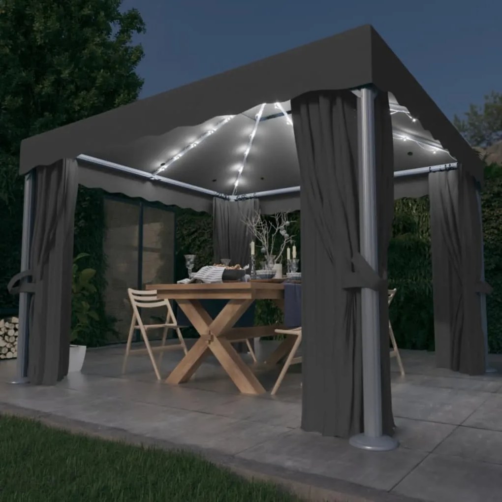 Pavilion cu perdele  siruri lumini LED, antracit, 3x3 m Antracit, 3 x 3 m