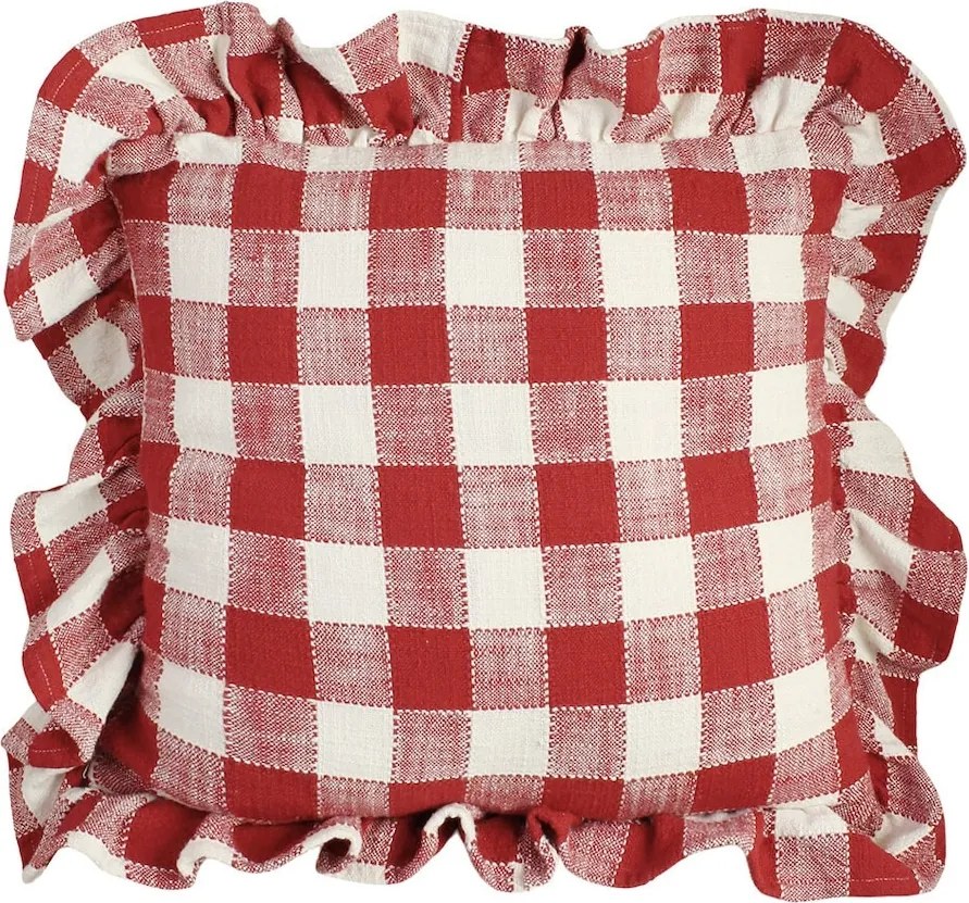 Față de pernă din bumbac organic, rosu și alb, model în carouri cu volănaș decorativ, 45 × 45 cm, „Ida Stripe"