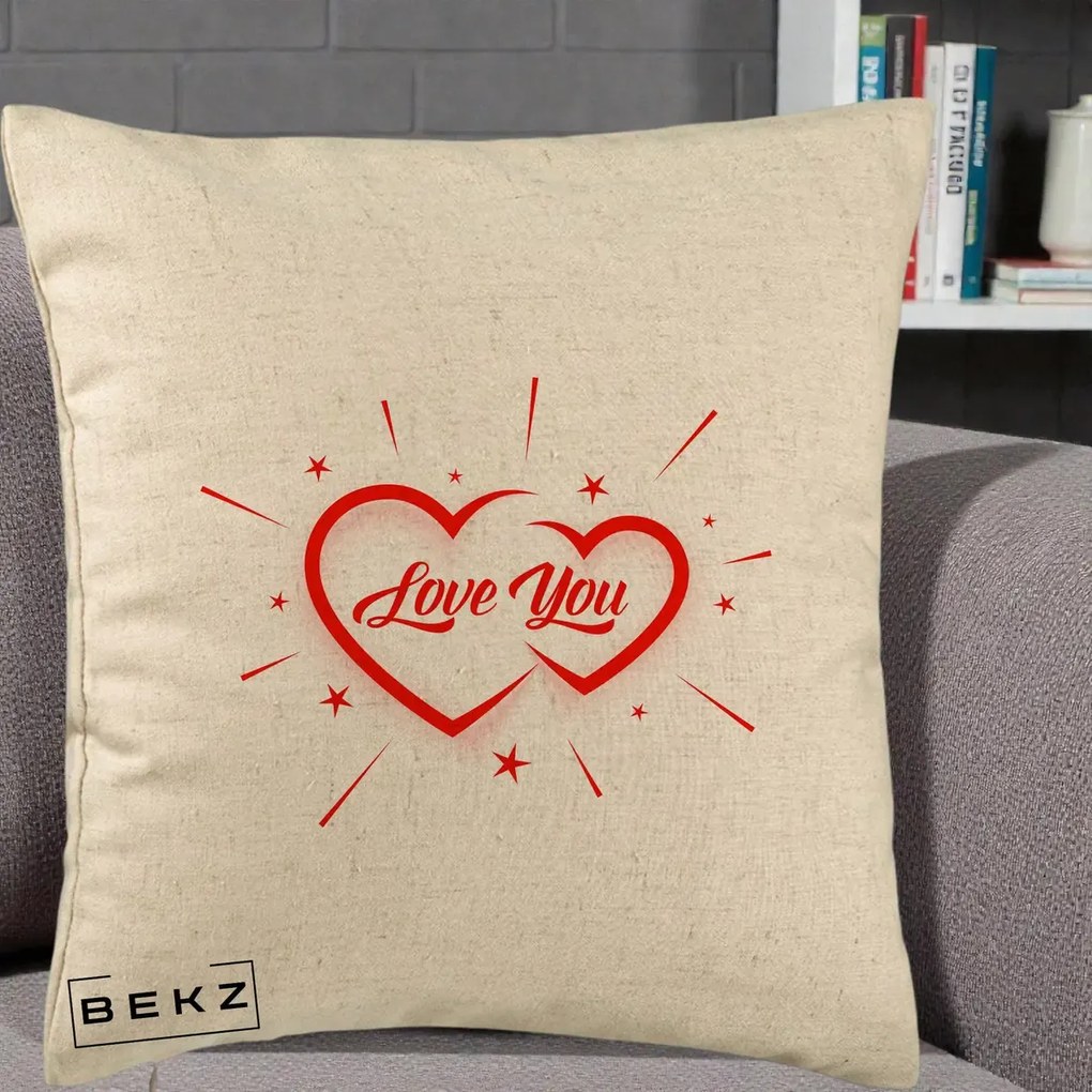 Cadou Romantic - Perna Personalizata Love You Doua Inimi, 40x40 cm, Bej, Husa Detasabila, Perna Inclusa, BEKZ®