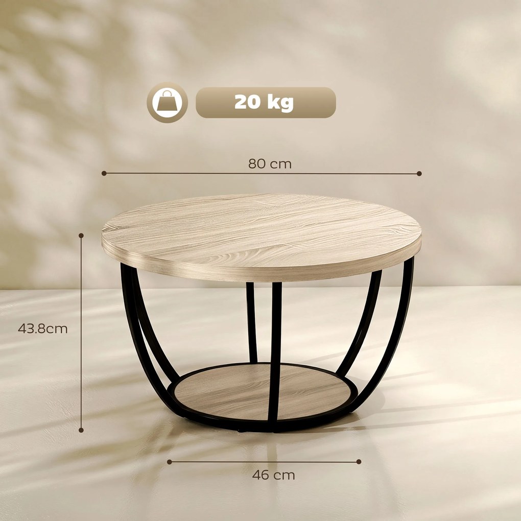 HOMCOM Măsuță de Cafea Rotundă cu 2 Rafturi, Picioare Metalice, Blat Gros, 80x80x43,8 cm, Finisaj Lemn Natur | Aosom Romania