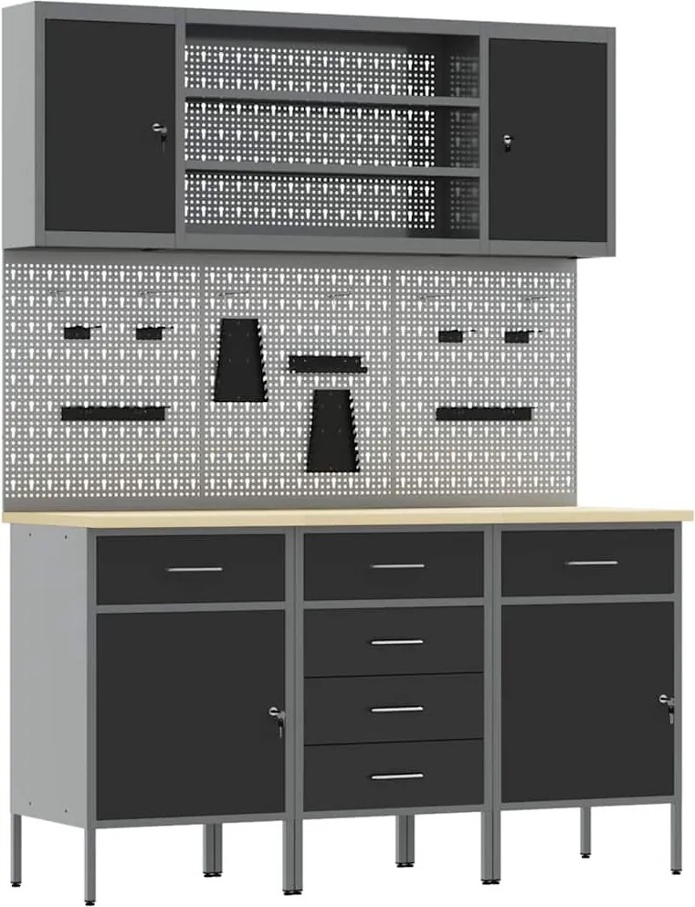 vidaXL Dulap de lucru cu sertar 7 pcs Negru Lemn ingineresc și oțel