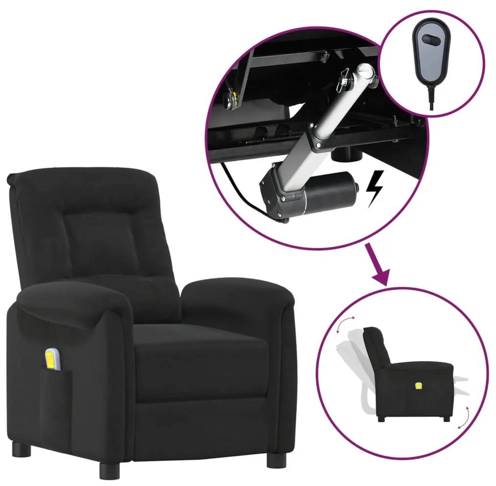 3093315 vidaXL Fotoliu masaj rabatabil cu ridicare, negru, textil microfibră