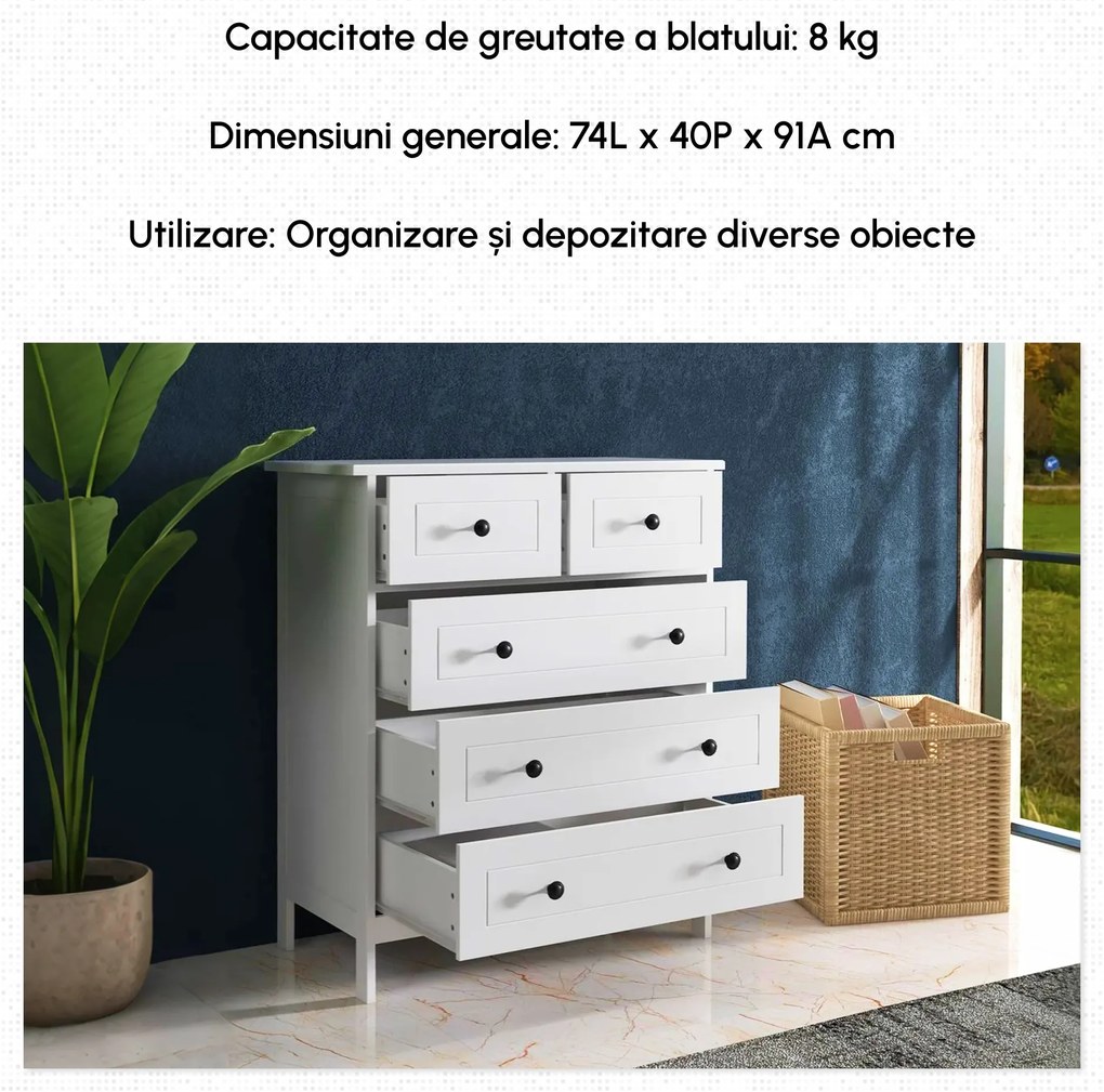 HOMCOM Comoda cu Sertare, Unitate de Organizare si Depozitare cu 5 Sertare, cu Manere, pentru Dormitor, Camera de Zi, Alb
