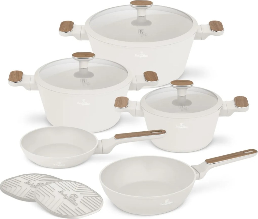 Set oale si tigai 10 piese Sahara Nordic Berlinger Haus BH 8324, crem mat, compatibil inductie, capace cu strecurator