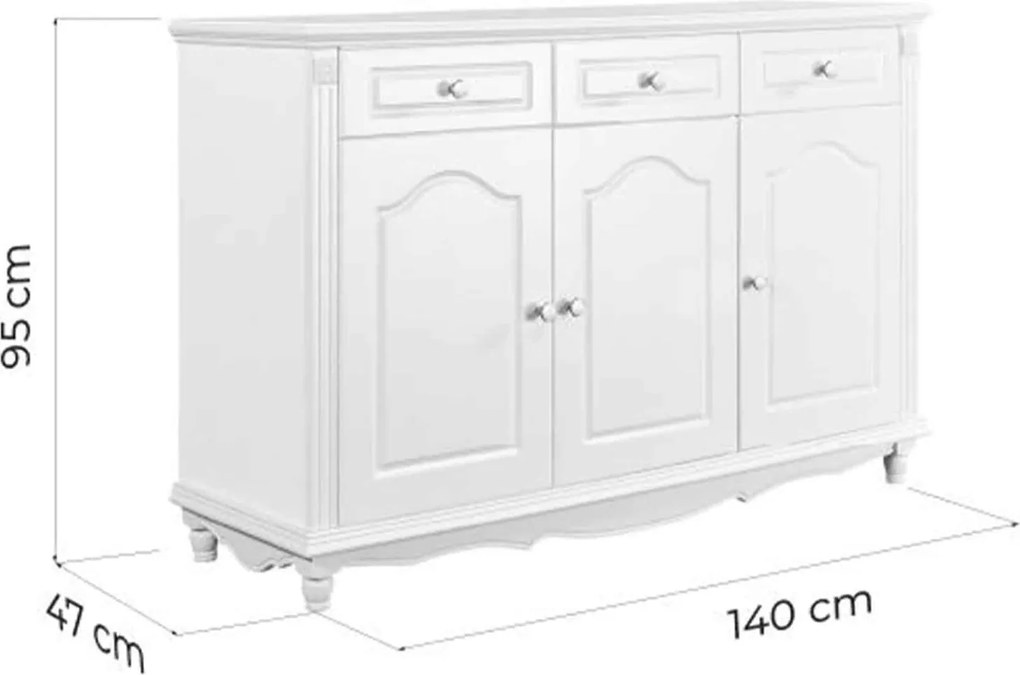 Bufet lemn masiv alb Elizabeth, 140 × 47 × 95 cm