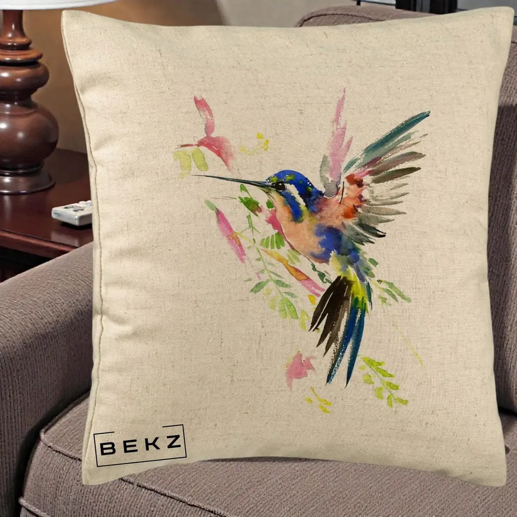 Perna Decorativa Colibri Acuarela, 40x40 cm, Bej, Husa Detasabila, Perna Inclusa, BEKZ®