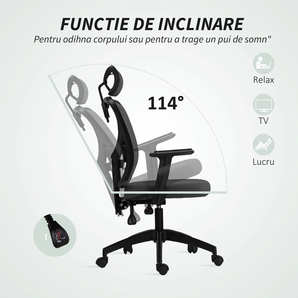 Vinsetto Scaun de Birou cu Inaltime Reglabila, 66x61x106-116cm, Gri Închis | Aosom Romania