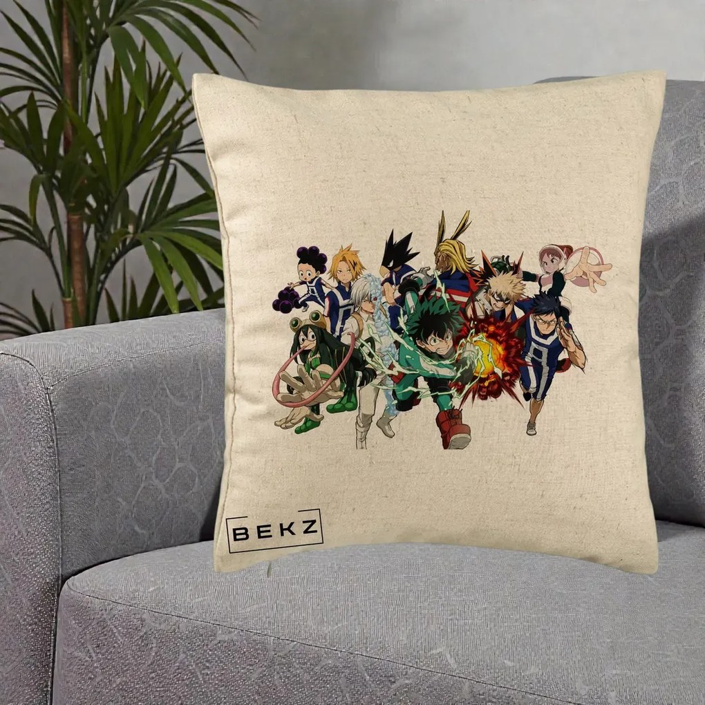 Perna Personalizata My Hero Academia Clasa 1-A Complet, 40x40 cm, Bej, Husa Detasabila, Perna Inclusa, BEKZ®