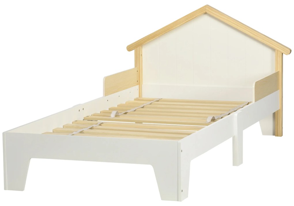 HOMCOM Pat pentru copii - structură pat cu tăblie în formă de casă și somieră cu lamele incluse - 90 x 190 cm- pin masiv alb | Aosom Romania