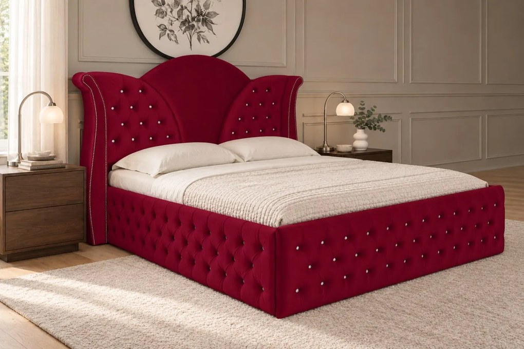 Pat tapițat Chesterfield din catifea Velora Deluxe 140×200 cm, vișiniu, cu ladă de depozitare