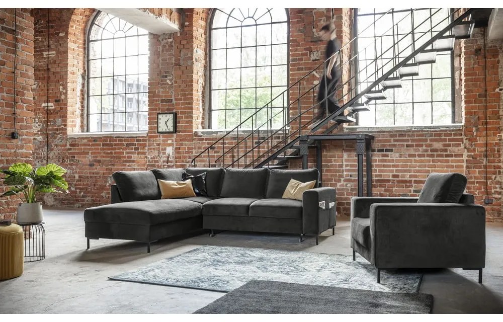 Colțar gri închis extensibil cu tapițerie din catifea (cu colț pe partea stângă ) Lofty Lilly – Miuform