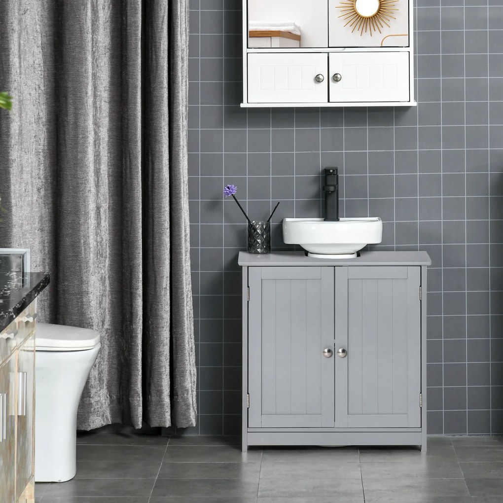 kleankin Mobilier baie sub chiuvetă - mobilier sub-vasă - dulap 2 uşi cu raft 60L x 30l x 60H cm - din lemn Gri | Aosom Romania
