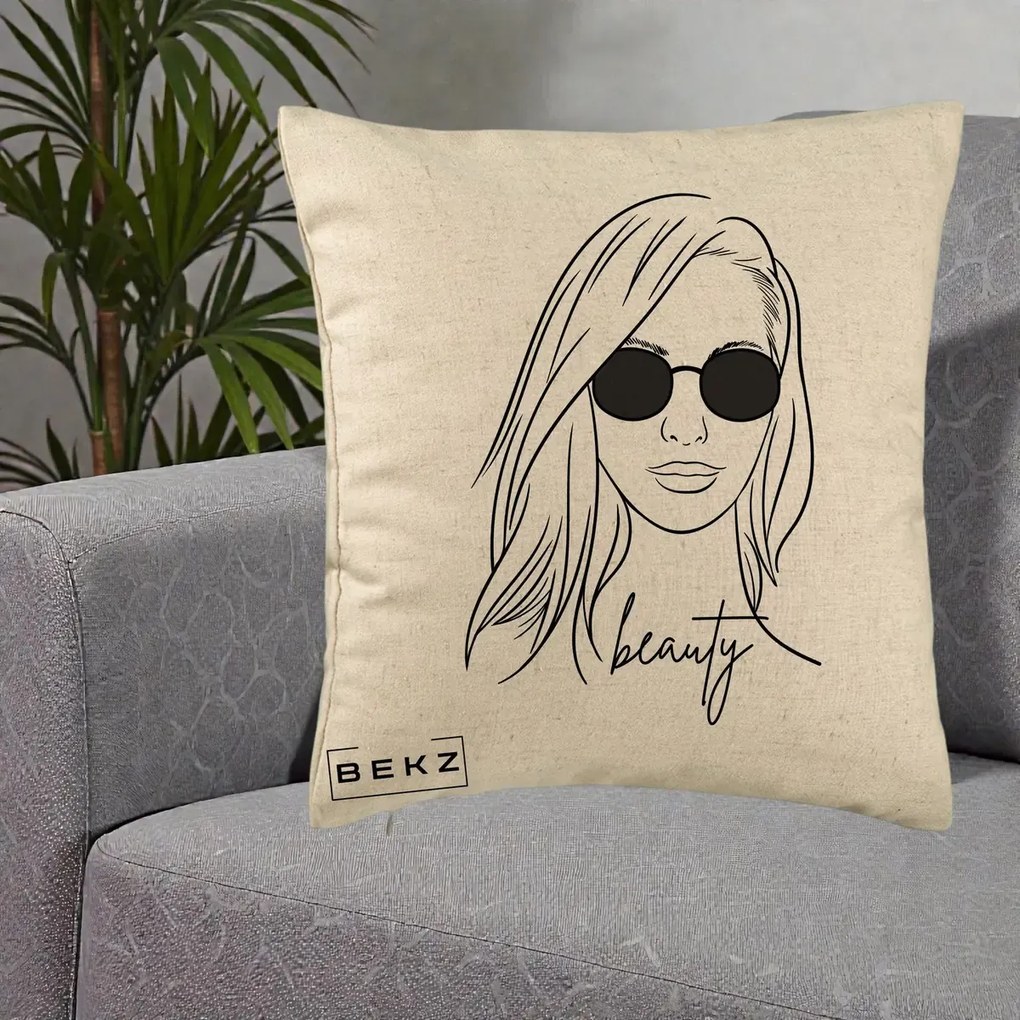 Perna Decorativa Beauty Girl Line Art, 40x40 cm, Bej, Husa Detasabila, Perna Inclusa, BEKZ®