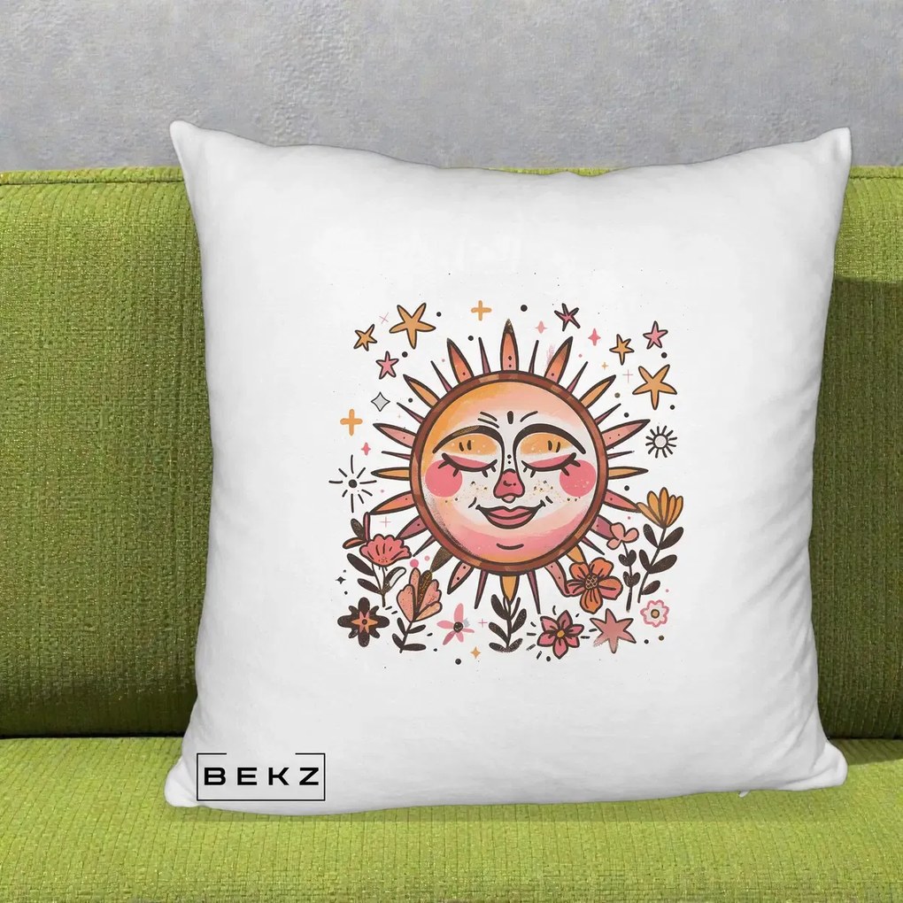 Perna Decorativa Soare Retro Boho Floral, 40x40 cm, Alb Pufos, Husa Detasabila, Perna Inclusa, BEKZ®
