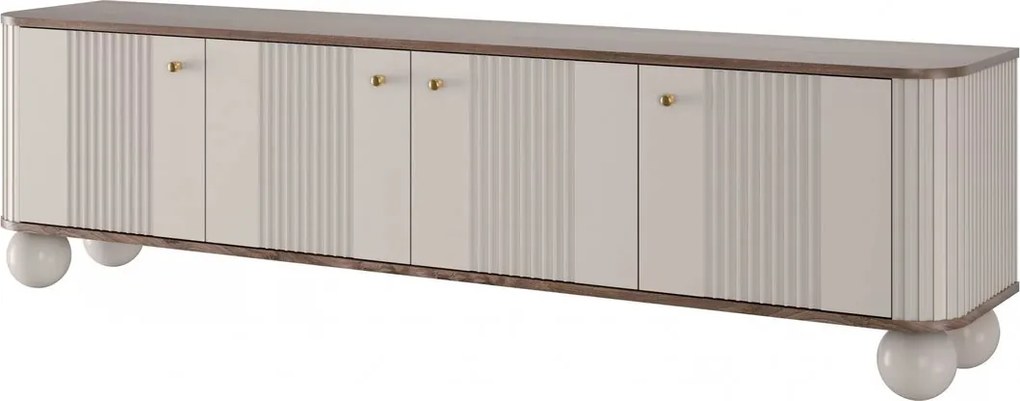 Dulap TV Vesper 4D 187 cm - cașmir / nuc / mânere aurii / picioare rotunde