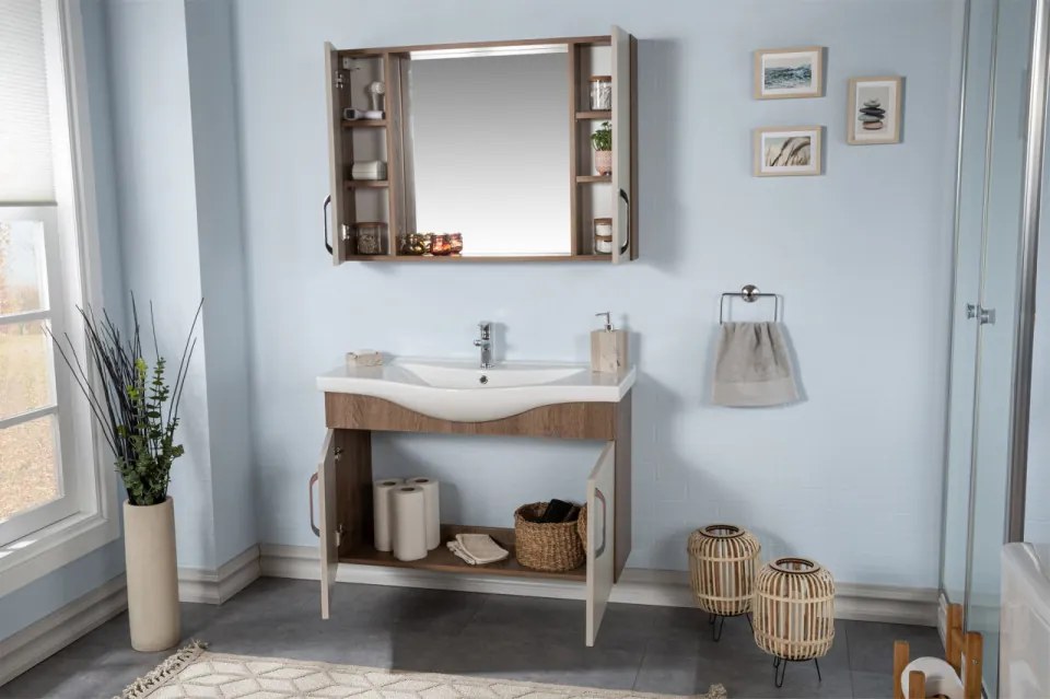 Set Mobilier Baie Sokotra 100, Include Baza Lavoar, Lavoar și Oglinda, 100 cm, Crem