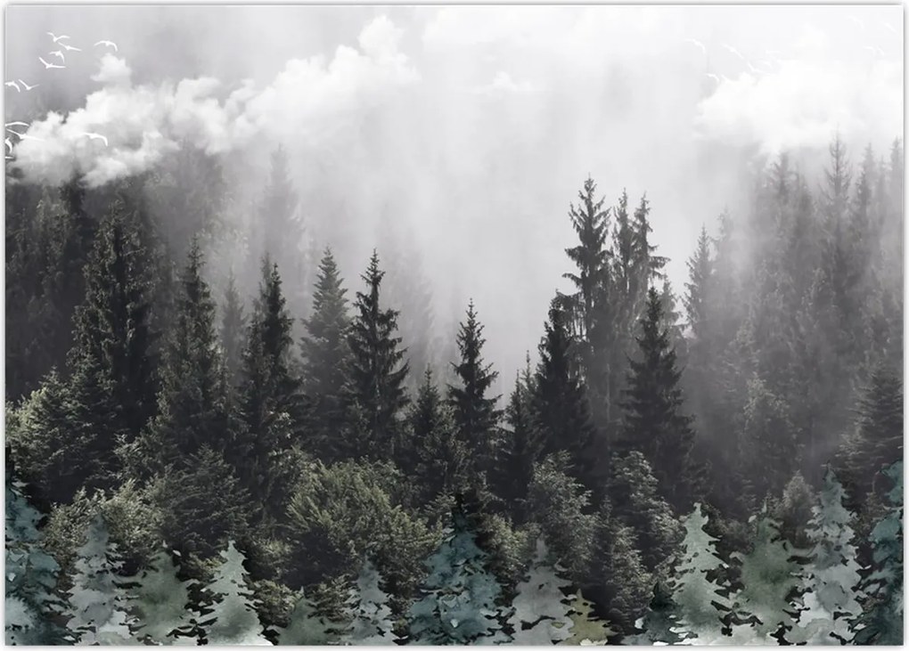 Tablou - Pădure cu elemente ilustrate (70x50 cm)