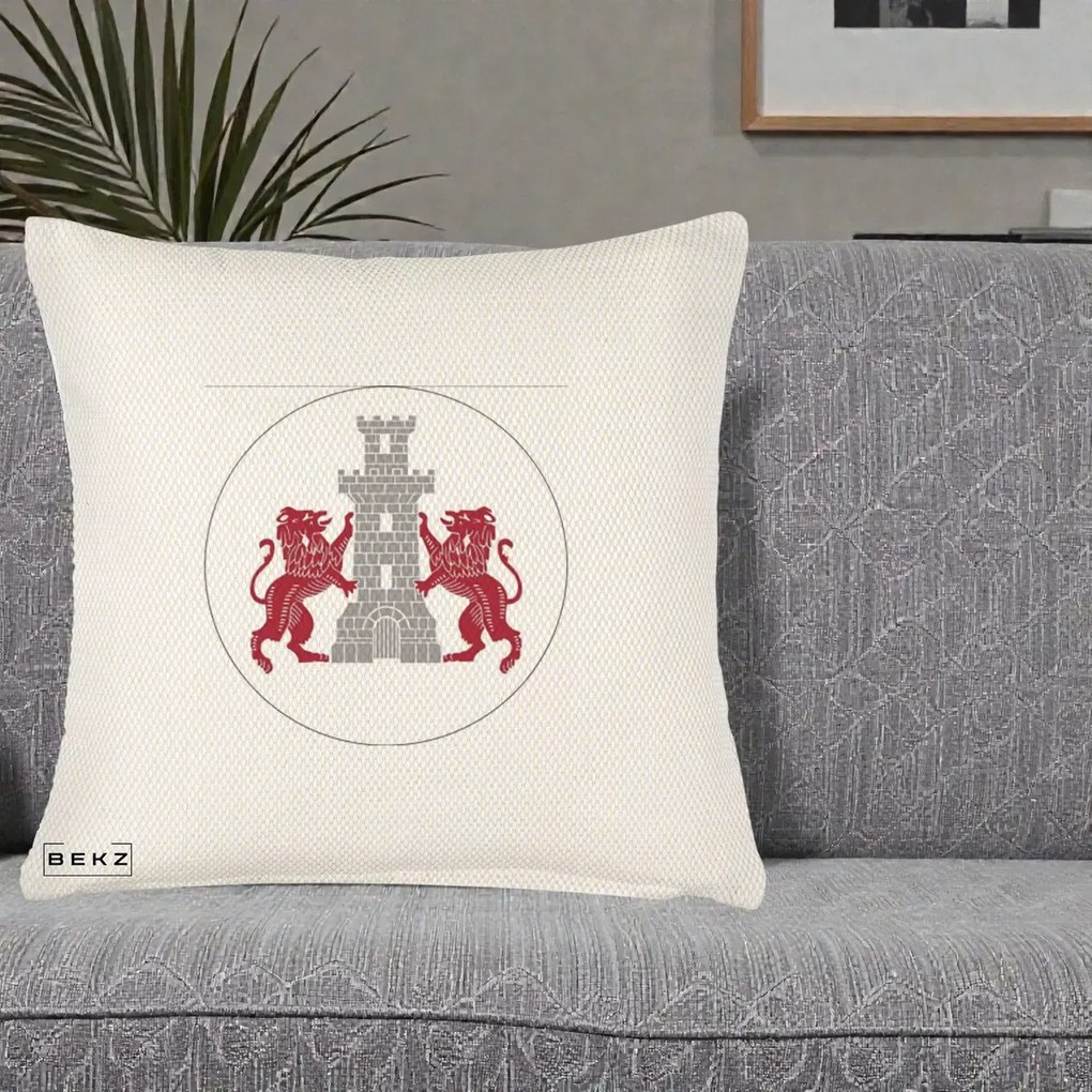 Perna Personalizata Cetatea Turnu Magurele Heraldic, 40x40 cm, Crem Reliefat, Husa Detasabila, Perna Inclusa, BEKZ®