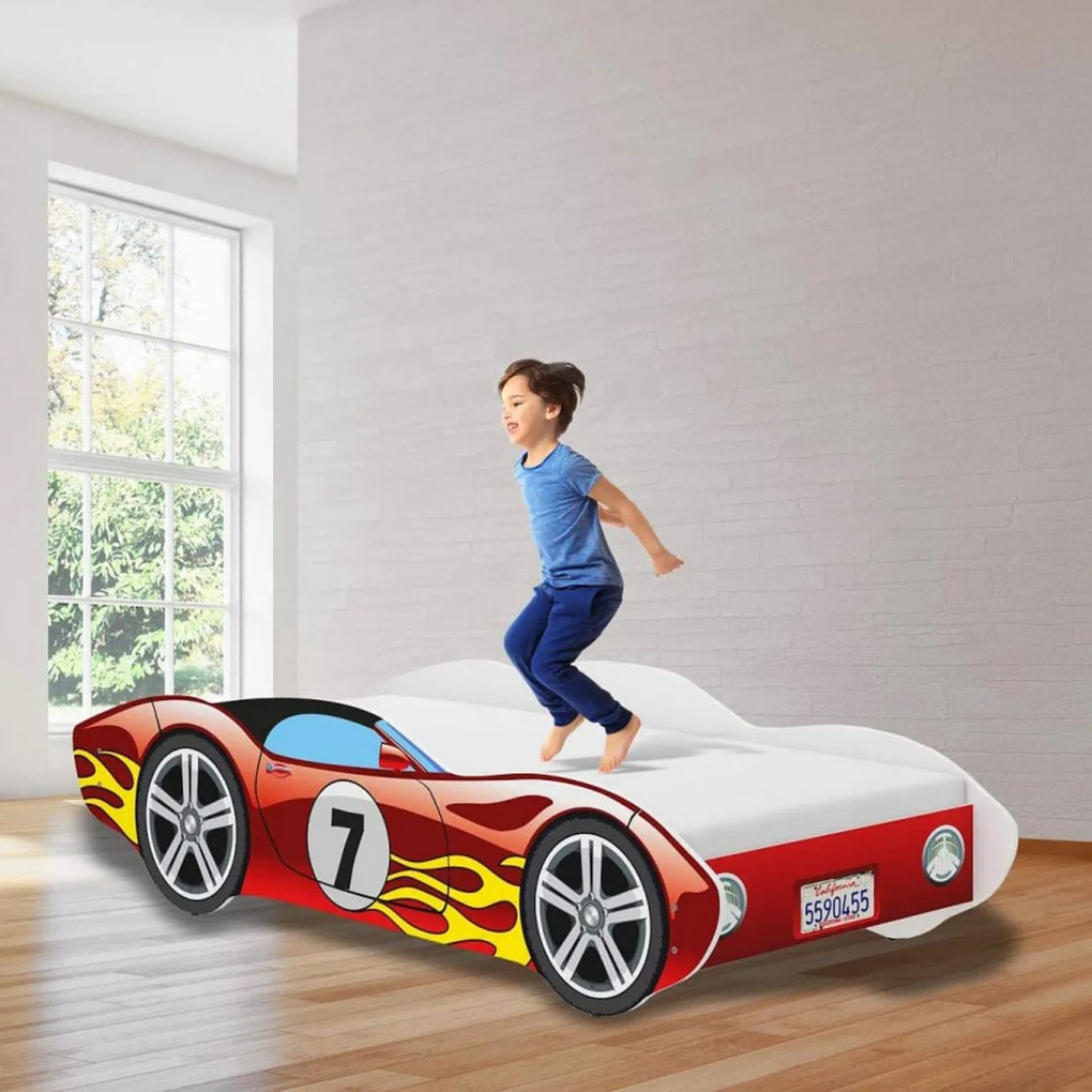 Pat tip masinuta pentru copii NOVOKIDS™ CORVETTE, 160x80 CM, Set cu Saltea din Spuma MATSEN® 10 CM Inclusa, Somiera Sistem FLEX, Cu Protectii