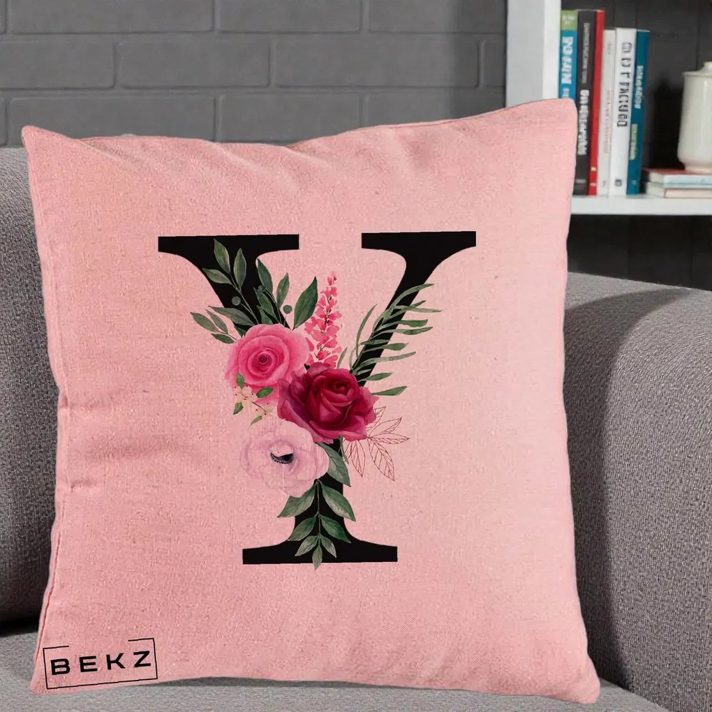 Cadou Personalizat - Perna Personalizata Monograma Florala Litera Y cu Buchet, 40x40 cm, Roz, Husa Detasabila, Perna Inclusa, BEKZ®