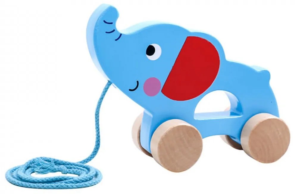 Jucarie educativa de tras din lemn masiv NOVOKIDS™ My first Tiny Elephant, Cu roti, Motricitate , Cu sfoara de tractare, Materiale Eco, Albastru