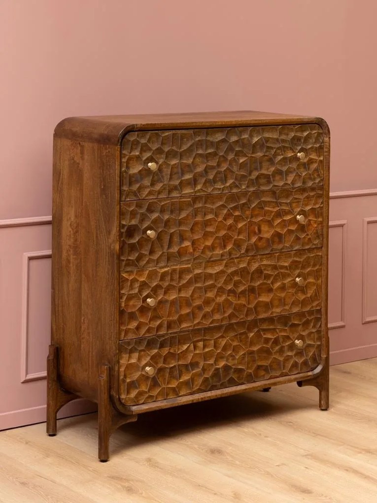 Comodă din lemn de mango cu 4 sertare , natur, cu decor sculptat în relief și mânere din alamă, 120x45x99 cm, „Atlas"