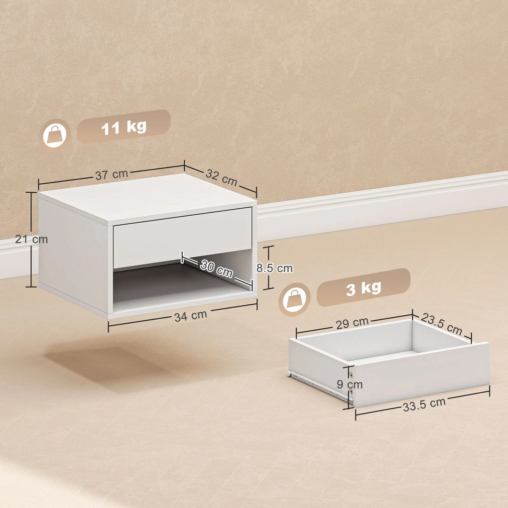 HOMCOM Set de 2 noptiere suspendate, noptiere, sertar, compartiment deschis, blat, 37 x 32 x 21 cm, alb | Aosom Romania
