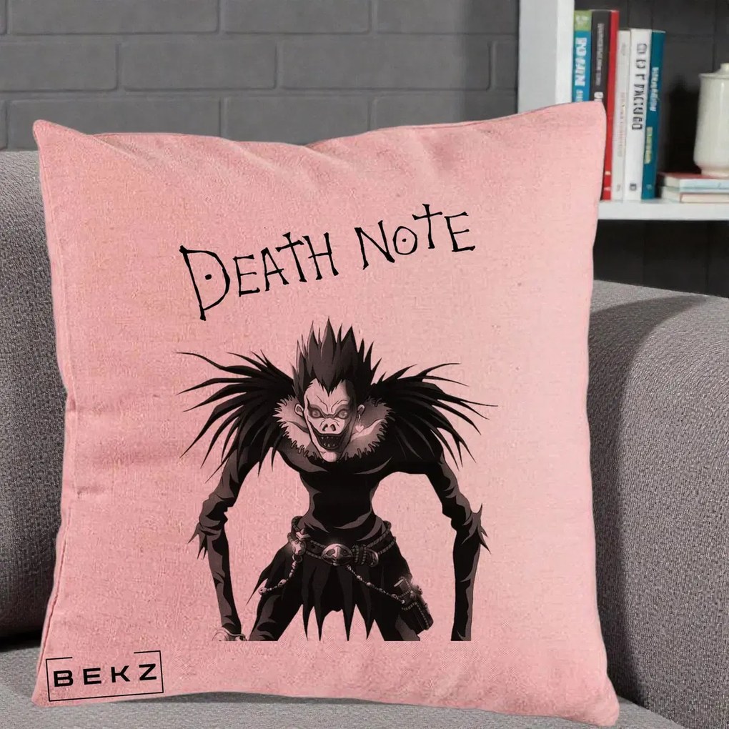 Perna Personalizata Death Note Ryuk Shinigami Alb-Negru, 40x40 cm, Roz, Husa Detasabila, Perna Inclusa, BEKZ®