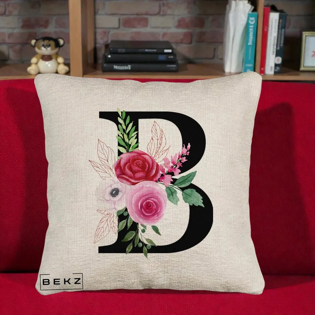 Cadou Personalizat - Perna Personalizata Monograma Florala Litera B, 40x40 cm, Bej Canapea, Husa Detasabila, Perna Inclusa, BEKZ®