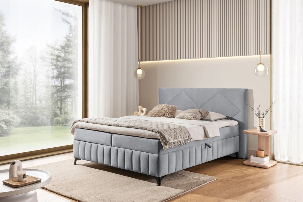 Pat boxspring Wasil 160x200 cu spațiu de depozitare - catifea cenușie hidrofobă Element 24