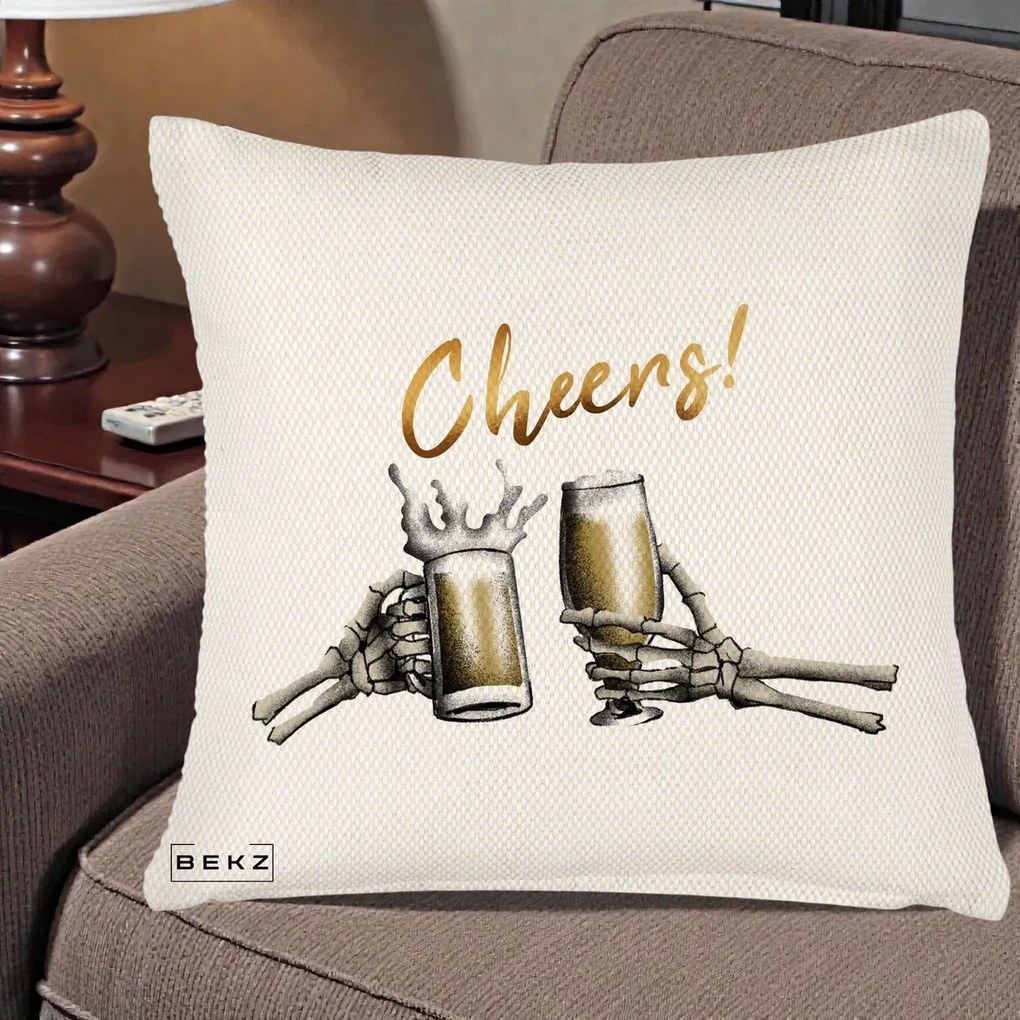 Perna Decorativa Halloween Cheers Schelete cu Bere, 40x40 cm, Crem Reliefat, Husa Detasabila, Perna Inclusa, BEKZ®