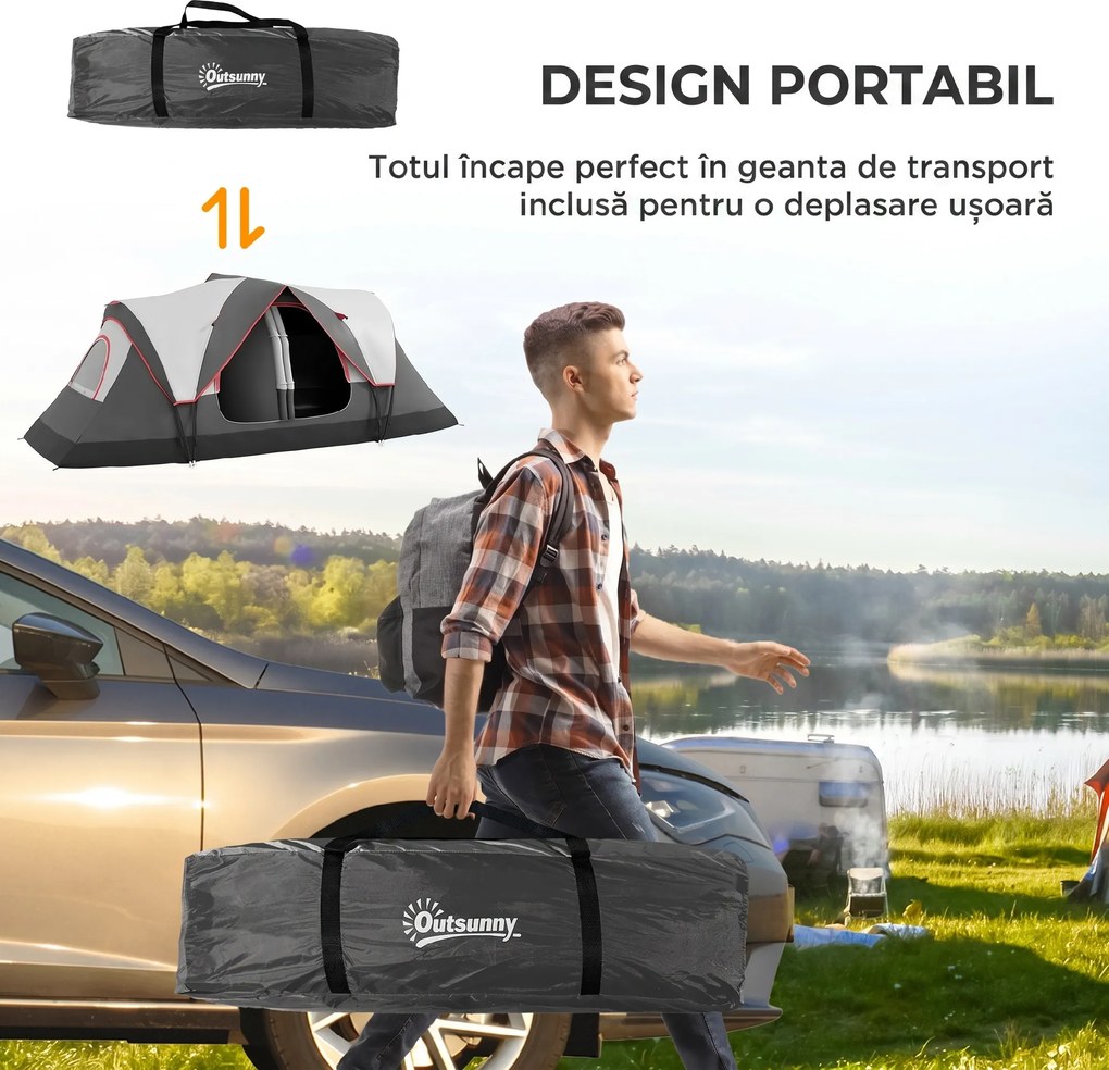 Outsunny Cort de Camping pentru 6-8 Persoane cu 2 Camere Separate și Uși cu Fermoar, 450x215x180 cm, Gri | Aosom Romania