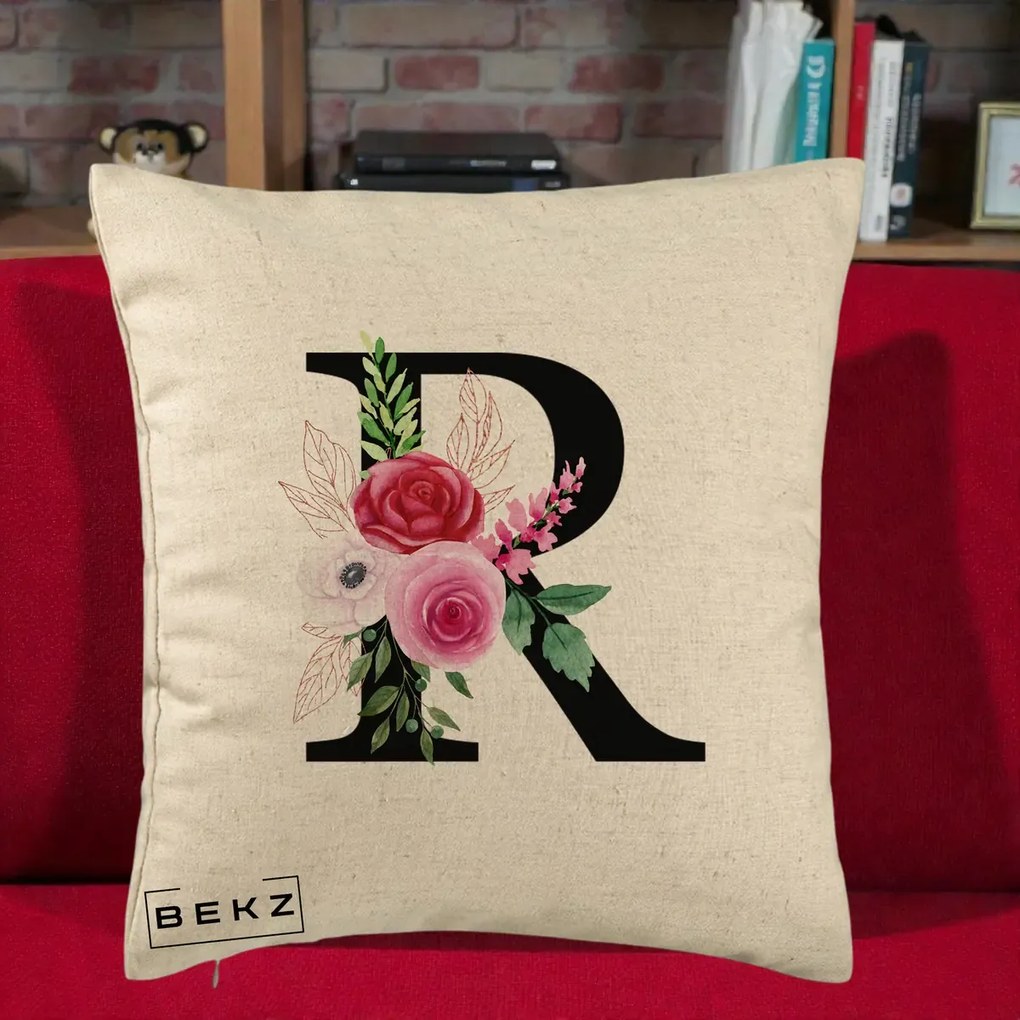 Cadou Personalizat - Perna Personalizata Monograma Florala Litera R, 40x40 cm, Bej, Husa Detasabila, Perna Inclusa, BEKZ®