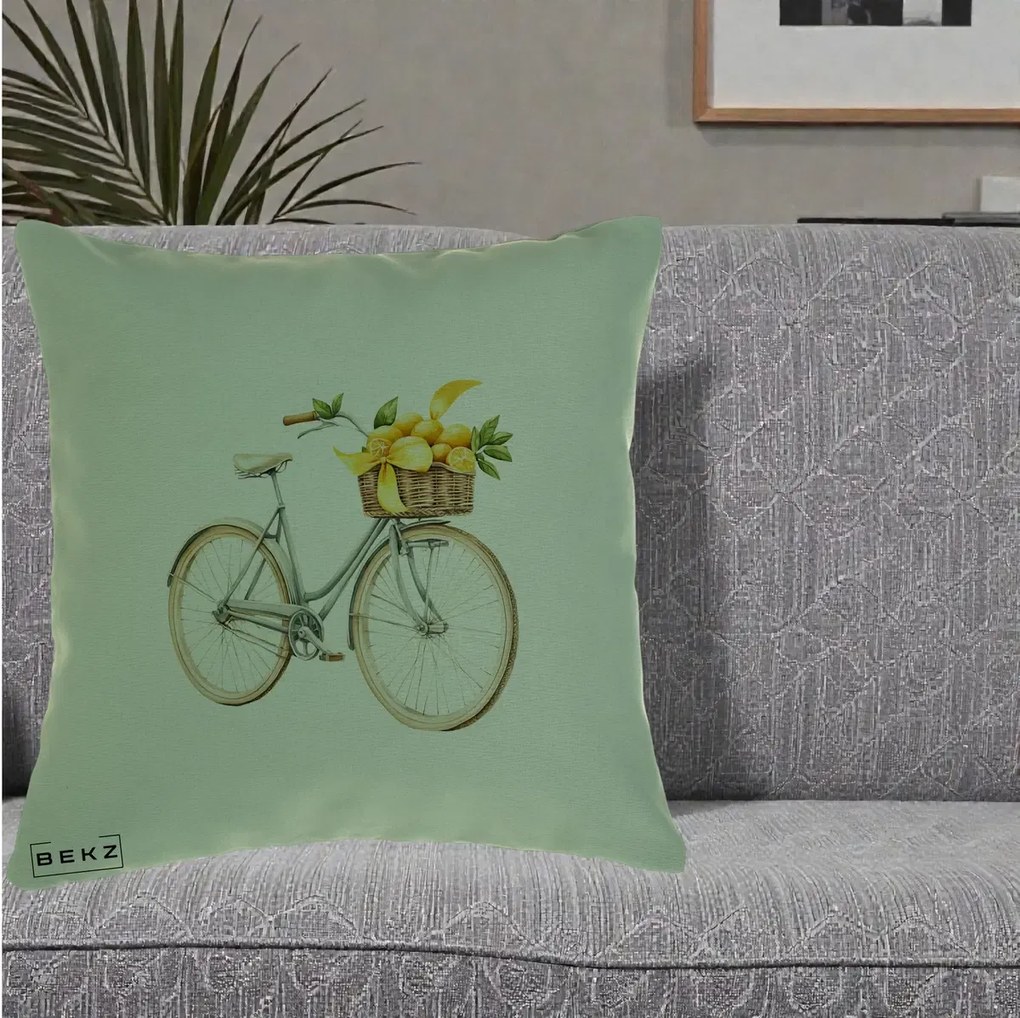 Perna Decorativa Bicicleta cu Cos de Lamai Mediteranean, 40x40 cm, Verde, Husa Detasabila, Perna Inclusa, BEKZ®