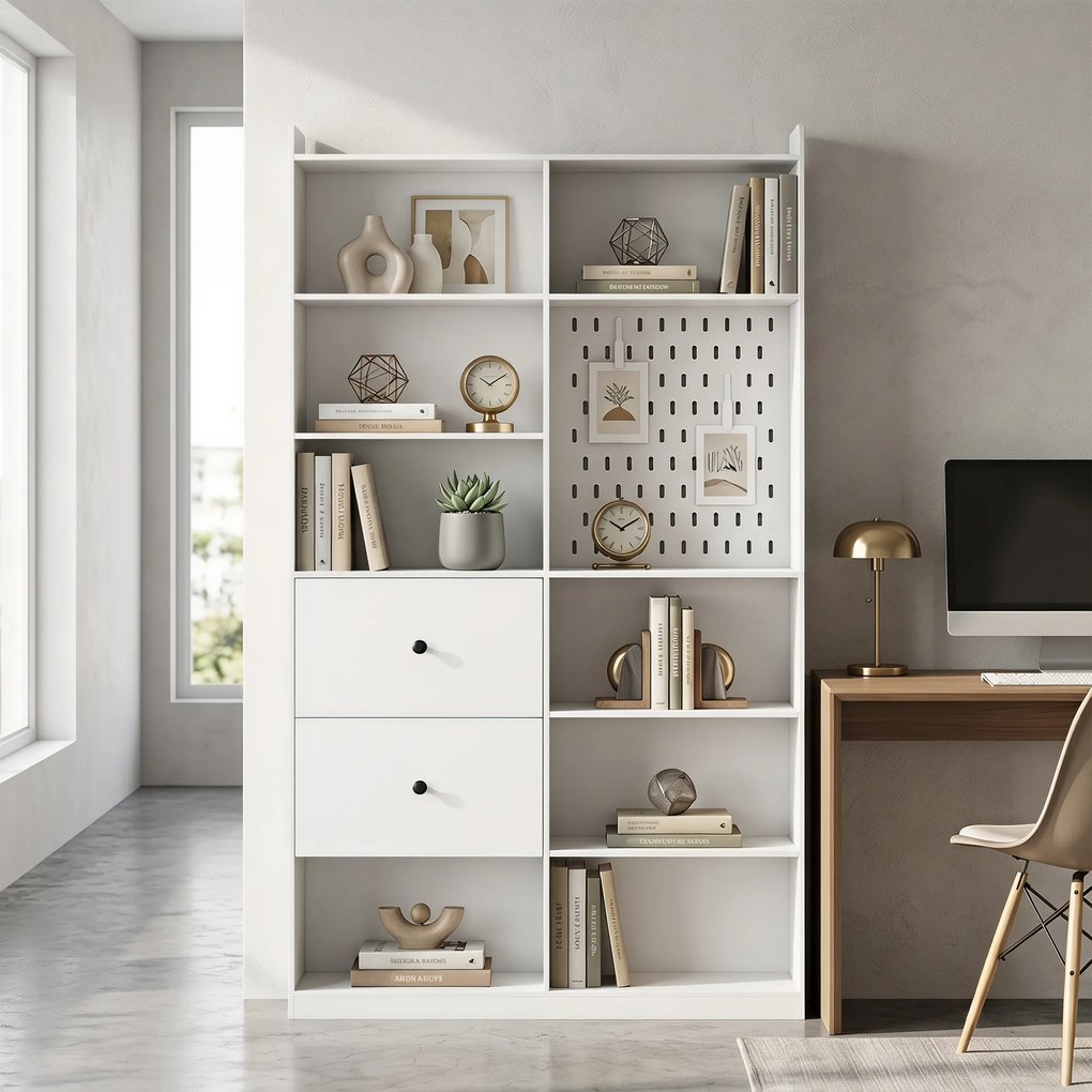 HOMCOM Bibliotecă Dublă cu 6 Niveluri, Sertare și Panou Perforat, Alb | Aosom Romania