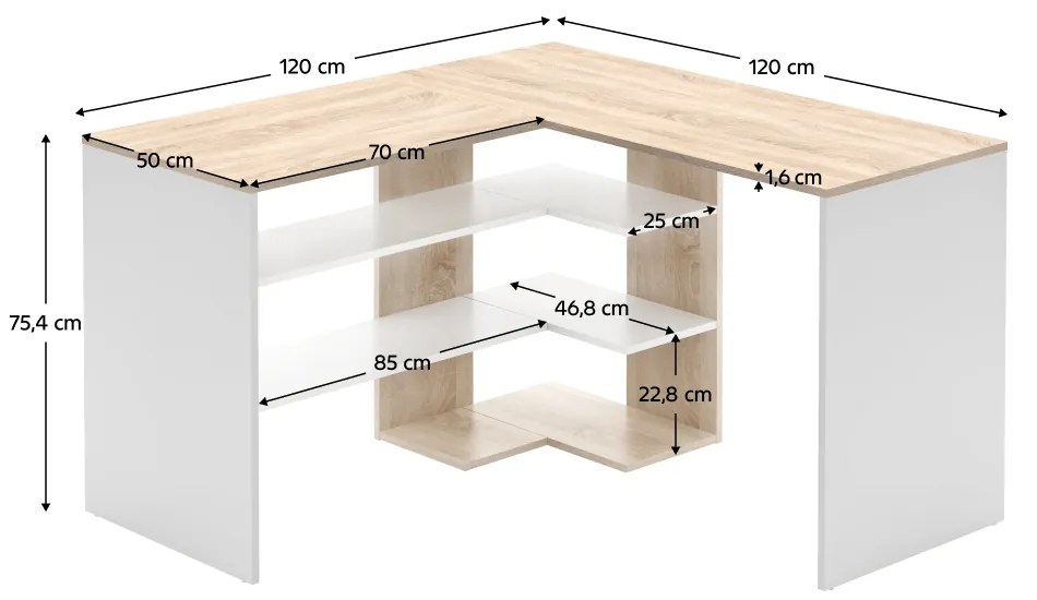Birou pentru colt , pal alb stejar sonoma , 120 x 120 cm, 50 cm adancime, cu rafturi alb/stejar sonoma, 120 cm, 120 cm
