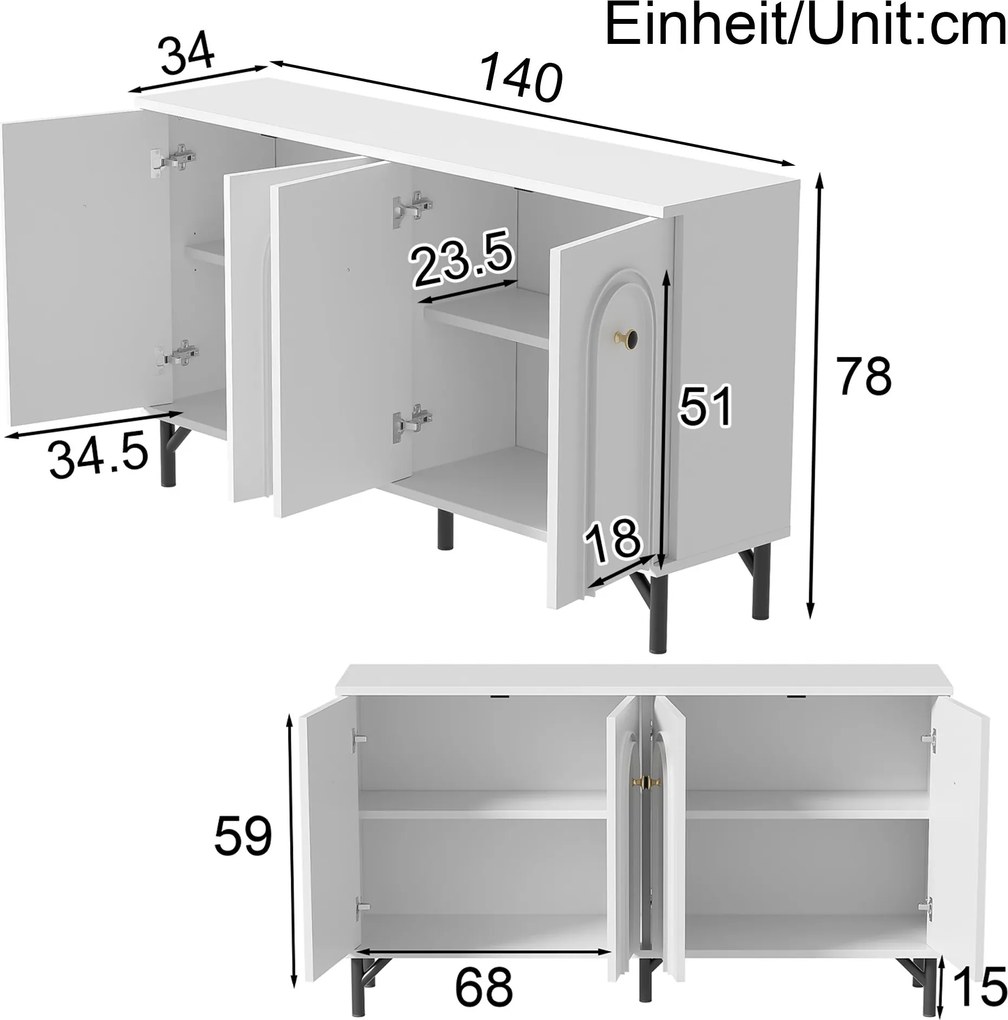 Comodă cu 4 uși, front arcuit 3D, pentru living, sufragerie și hol, 140x34x78 cm, Alb
