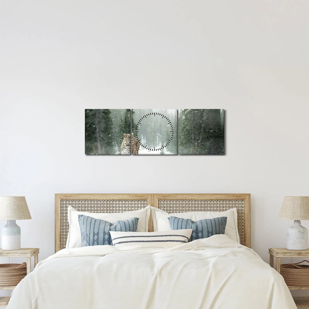 Tablou cu leopard în zăpadă (cu ceas) (90x30 cm)