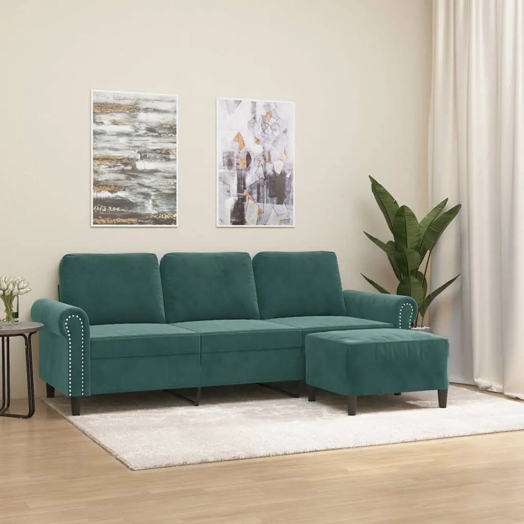 vidaXL Canapea cu 3 locuri și taburet, verde închis, 180 cm, catifea