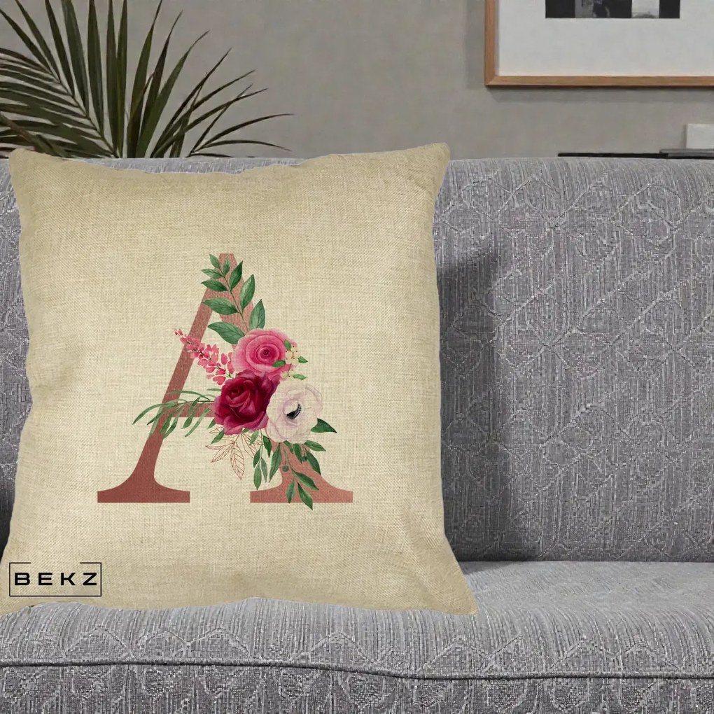 Cadou Personalizat - Perna Personalizata Monograma Rose Gold Litera A, 40x40 cm, Crem, Husa Detasabila, Perna Inclusa, BEKZ®