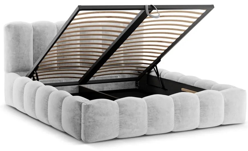 Pat matrimonial gri deschis tapițat cu spațiu de depozitare cu somieră 160x200 cm Lupine – Micadoni Home