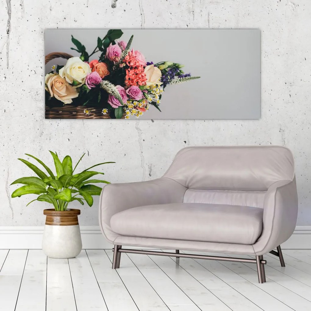 Tablou cu coș și flori (120x50 cm)